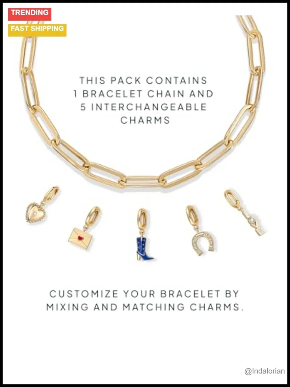 14K Gold Plated Charm Bracelet Removable Cowboy Boot Love Heart Horseshoe